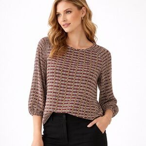 Adrianna Papell Women Printed Blouse Long Sleeve Boho Work Indie Minimal Size S